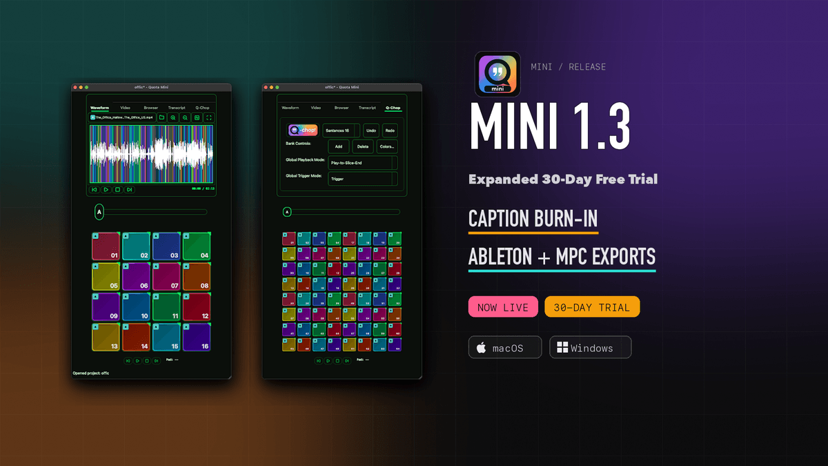 Mini 1.3 — Captions, Drum Rack Export, and MPC / Force Kits