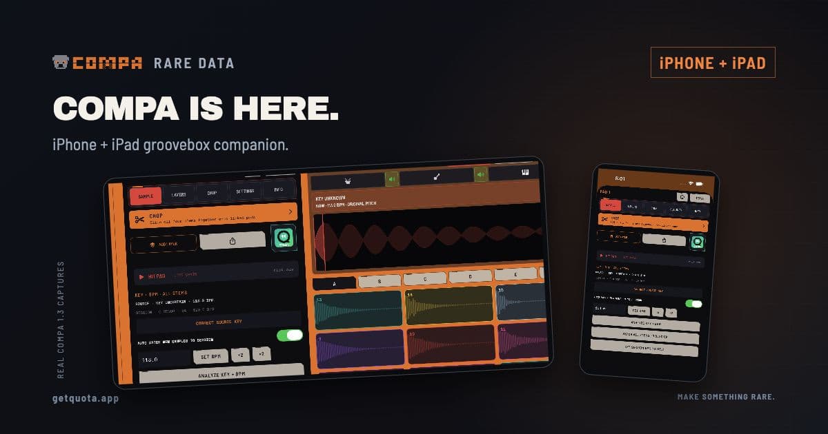 Real COMPA Session and CHOMP screens arranged as an iPad and iPhone companion, with COMPA Is Here lettering.