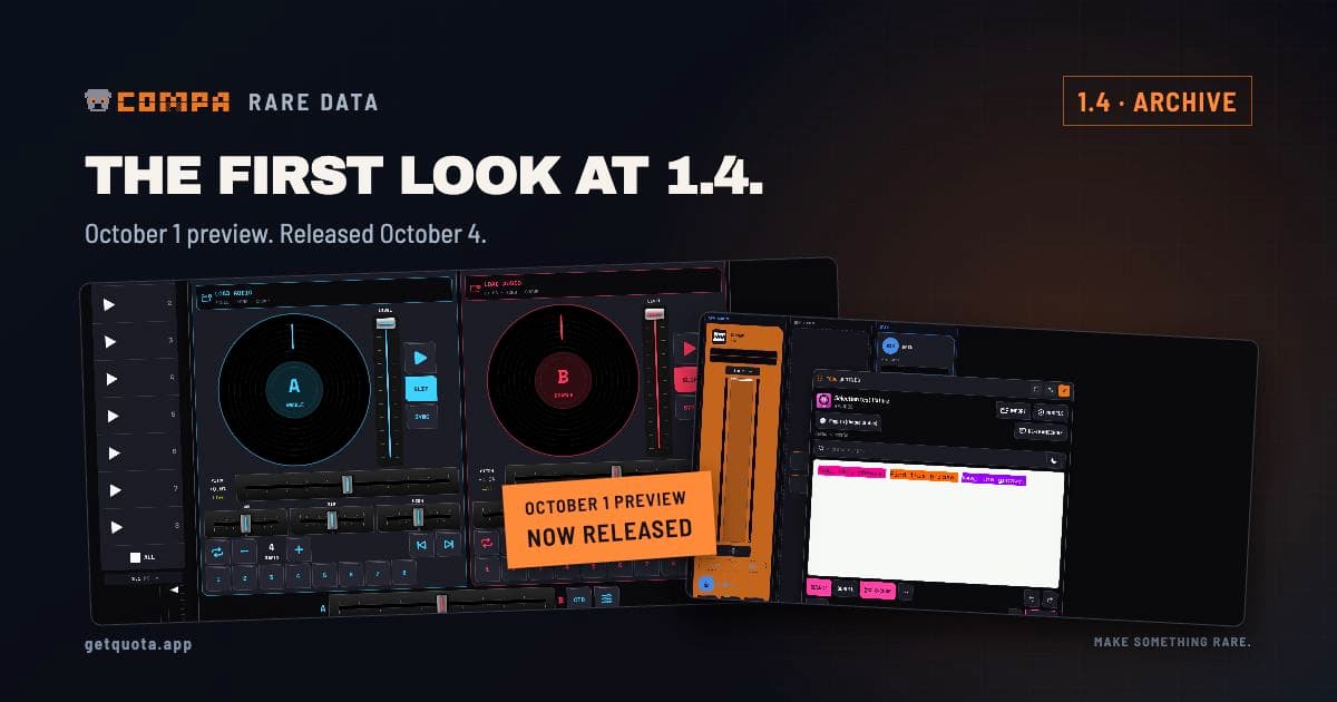 Real COMPA 1.4 development DJ and dialogue screens, with a fully visible 1.4 archive badge and a note that the update has since been released.
