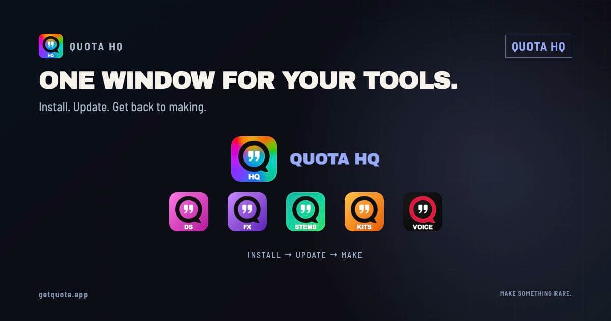 ONE WINDOW FOR YOUR TOOLS. Product artwork for quota hq, using the Quota visual system.