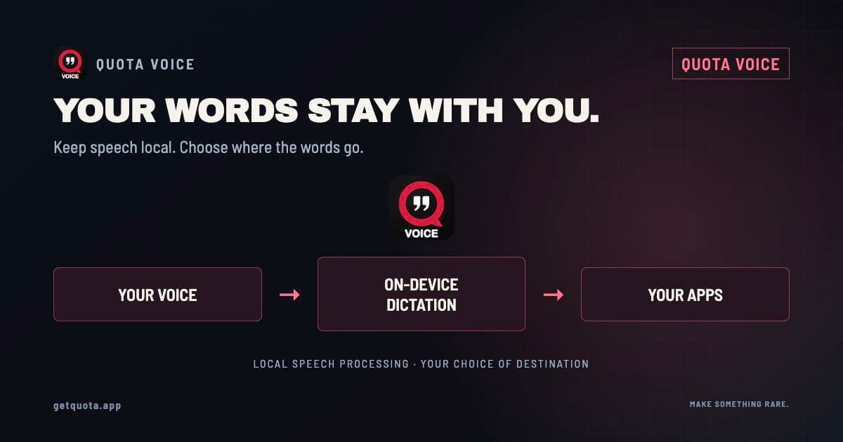 YOUR WORDS STAY WITH YOU. Product artwork for quota voice, using the Quota visual system.