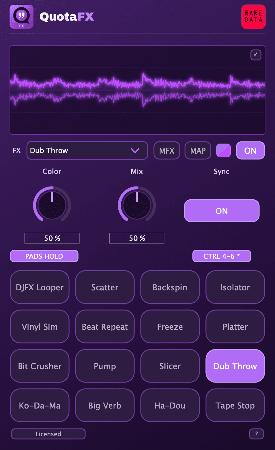 QuotaFX showing CTRL 4 to 6 latched on Dub Throw