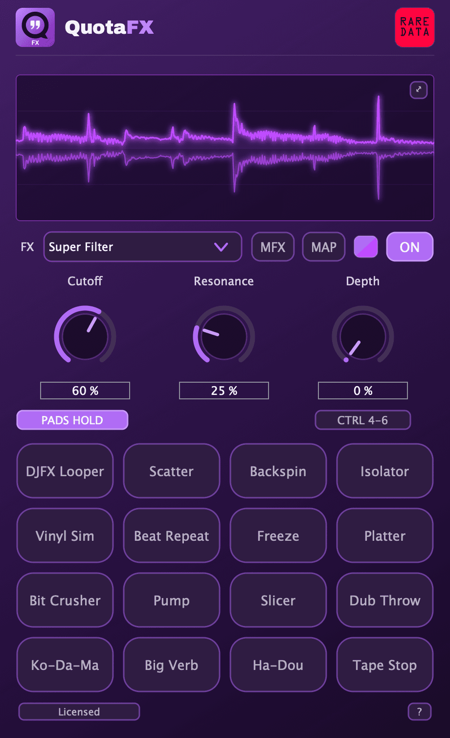 QuotaFX running Super Filter with Cutoff, Resonance and Depth on the three CTRL knobs