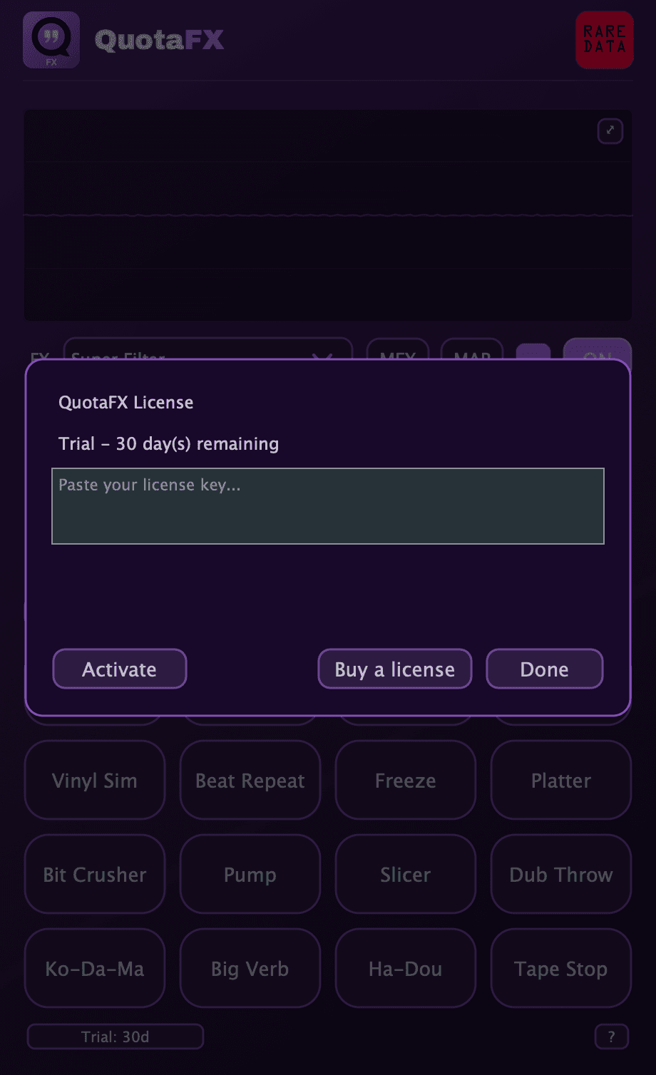 QuotaFX license panel showing the 30-day trial and activation field
