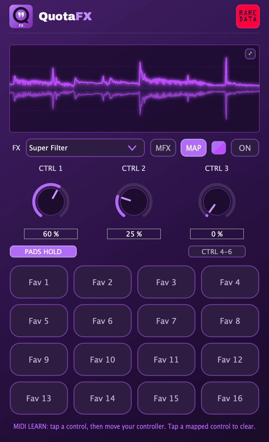 QuotaFX in MAP mode with CTRL 1 to 3 armed for MIDI learn over the 16 favorite pads