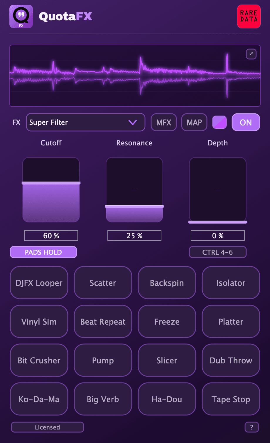 QuotaFX on a touchscreen with the CTRLs drawn as fader strips