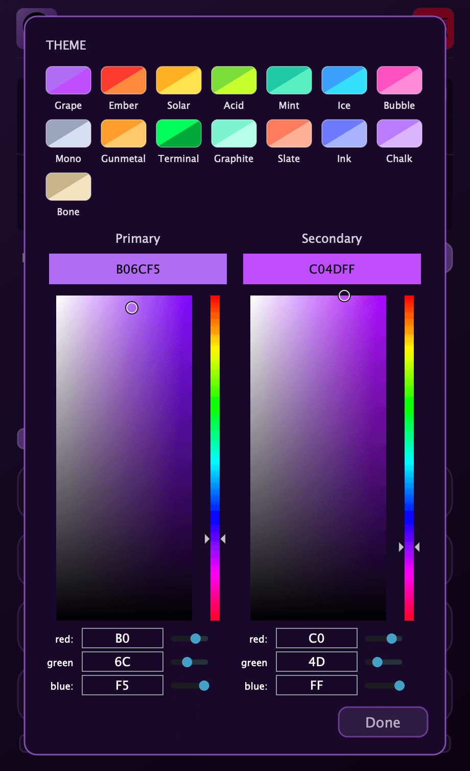 QuotaFX theme designer showing all fifteen presets and the two-color picker