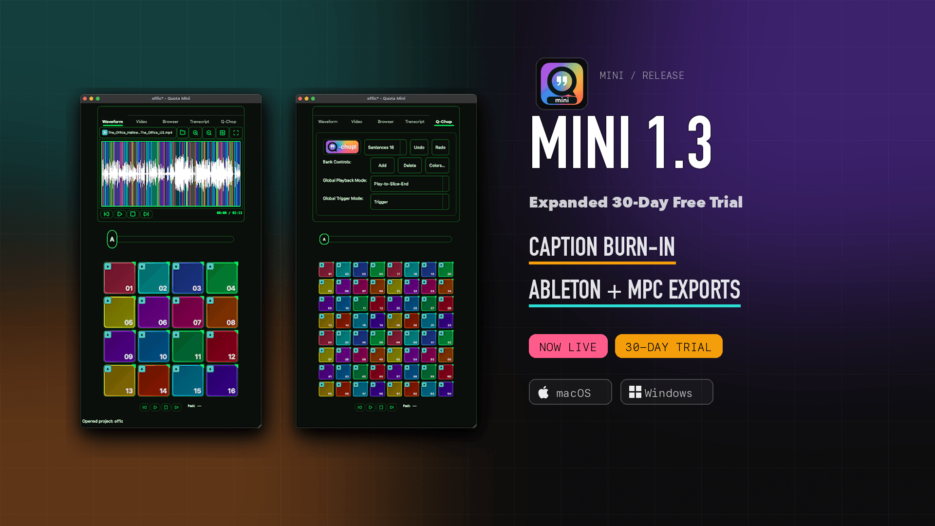 Mini 1.3 — Captions, Drum Rack Export, and MPC / Force Kits