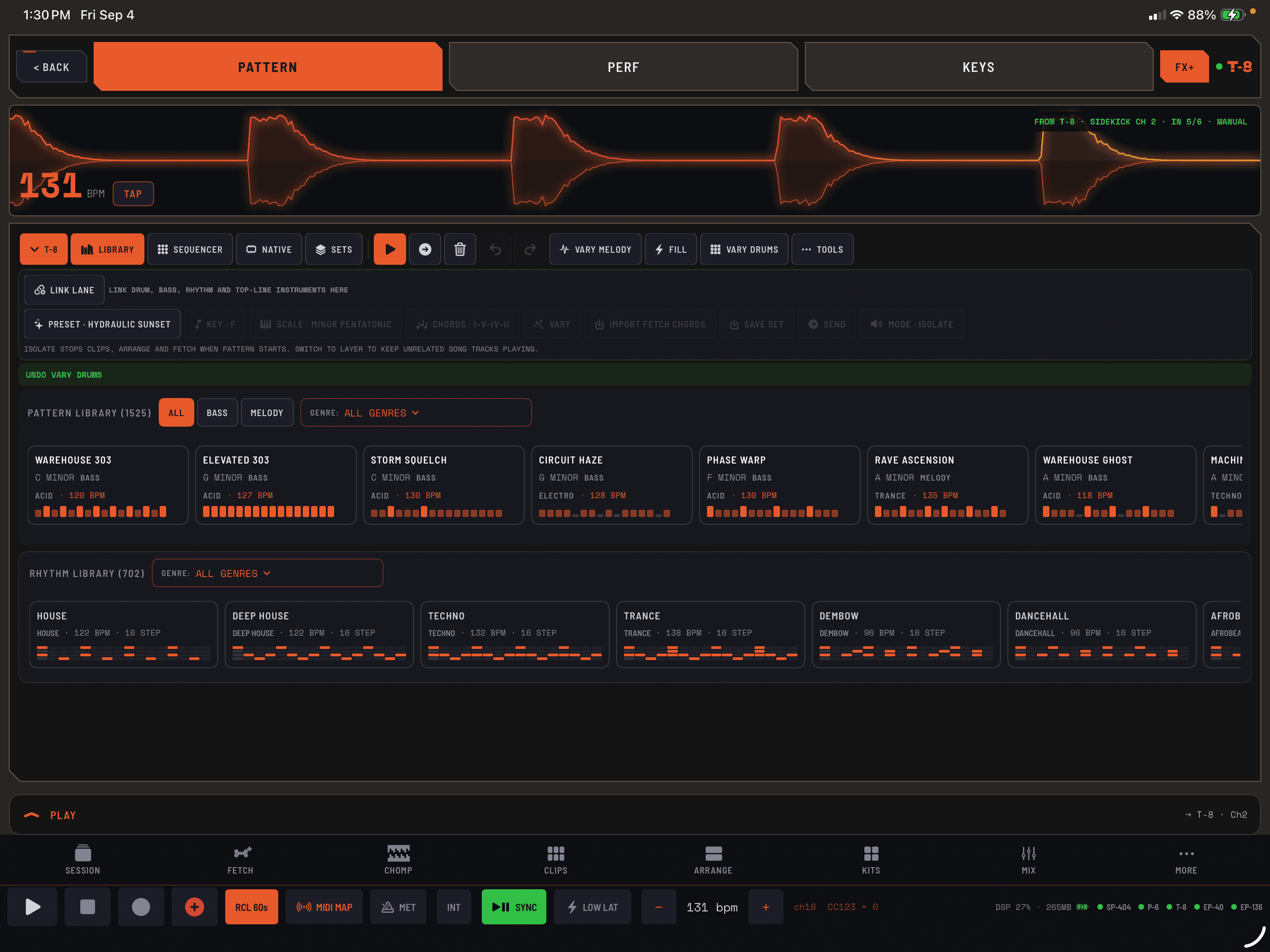 COMPA Pattern library with bass, melody, and rhythm presets grouped by genre