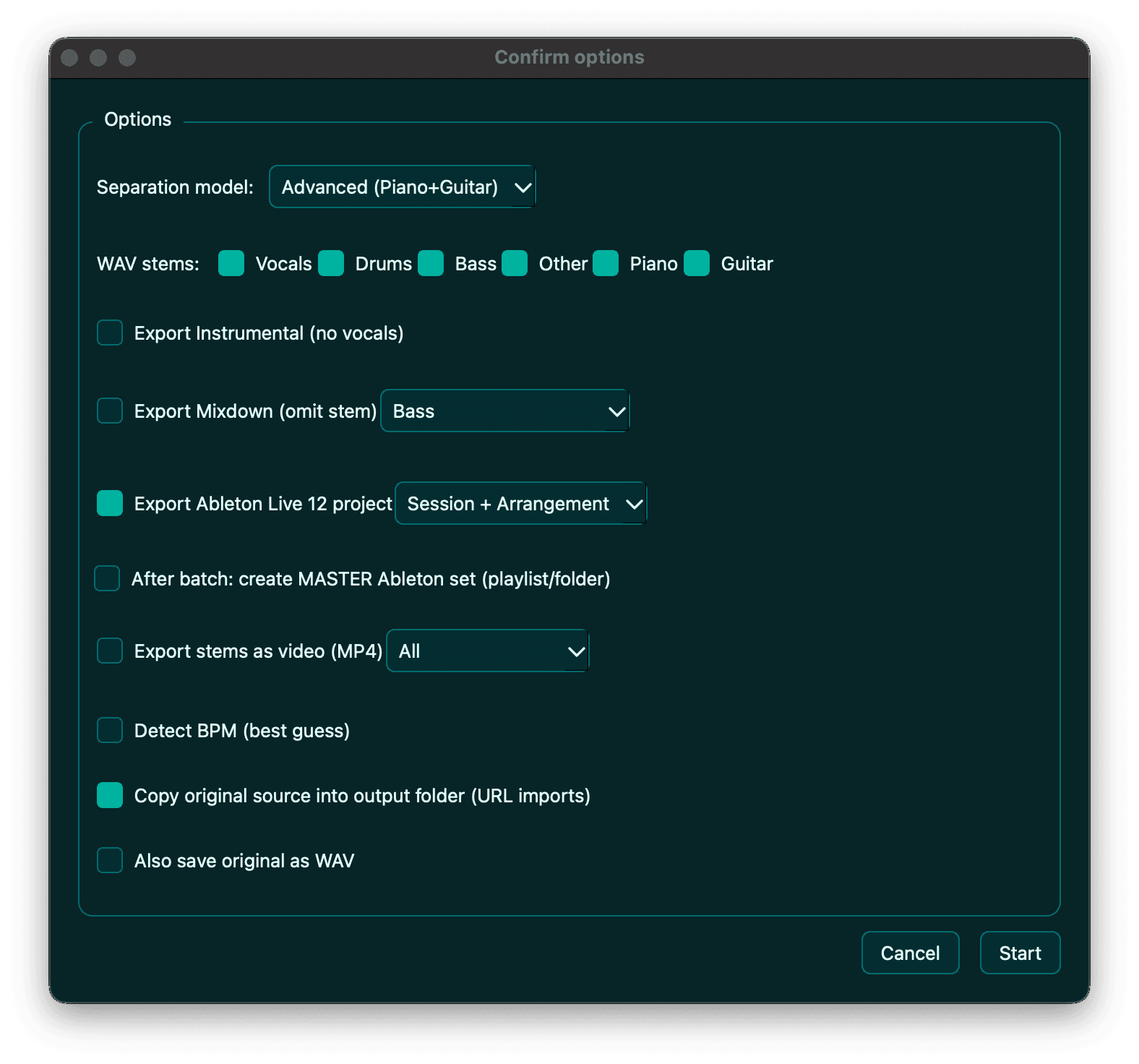 Quota Stems export options — Advanced 6-stem, Ableton Live, video export