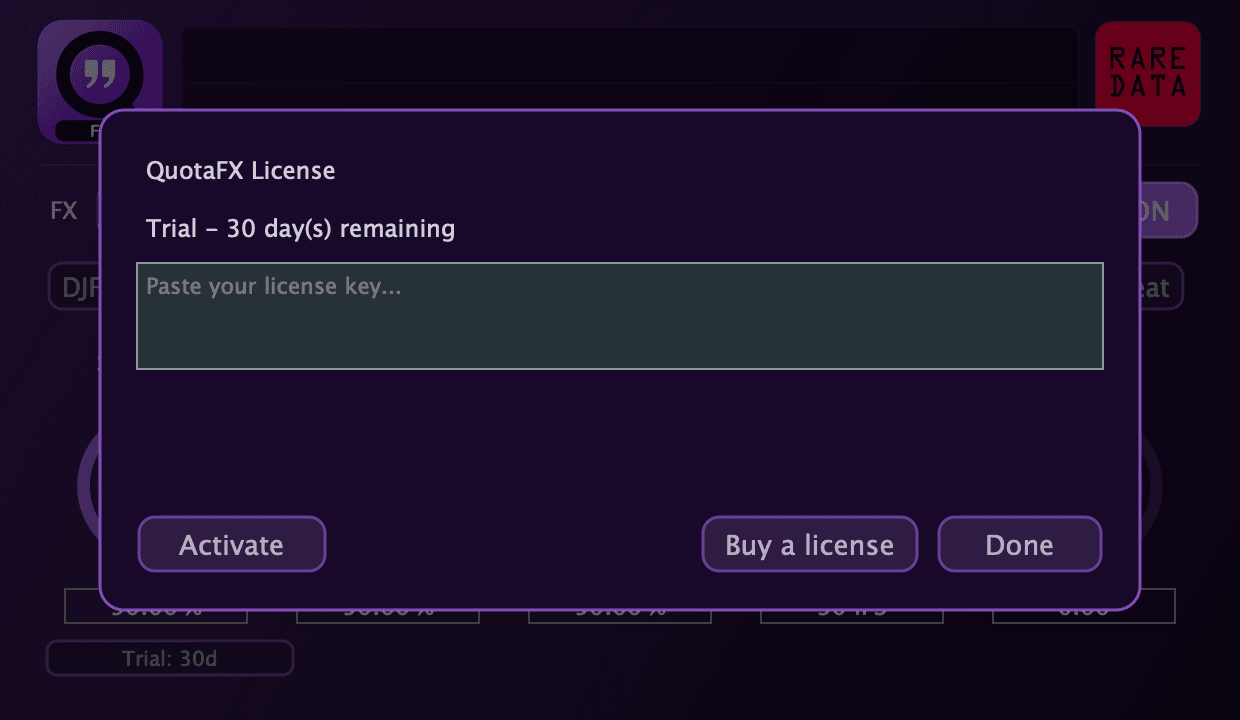 QuotaFX license panel showing the 30-day trial and activation field