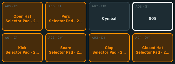 A single Selector Pad holds up to 128 samples, swept live by one macro knob