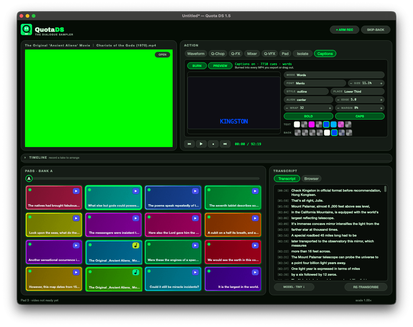 The Captions tab with BURN and PREVIEW, 7710 cues loaded, a live caption preview, and the styling grid for mode, font, size, style, place, align, edge, wrap and margin