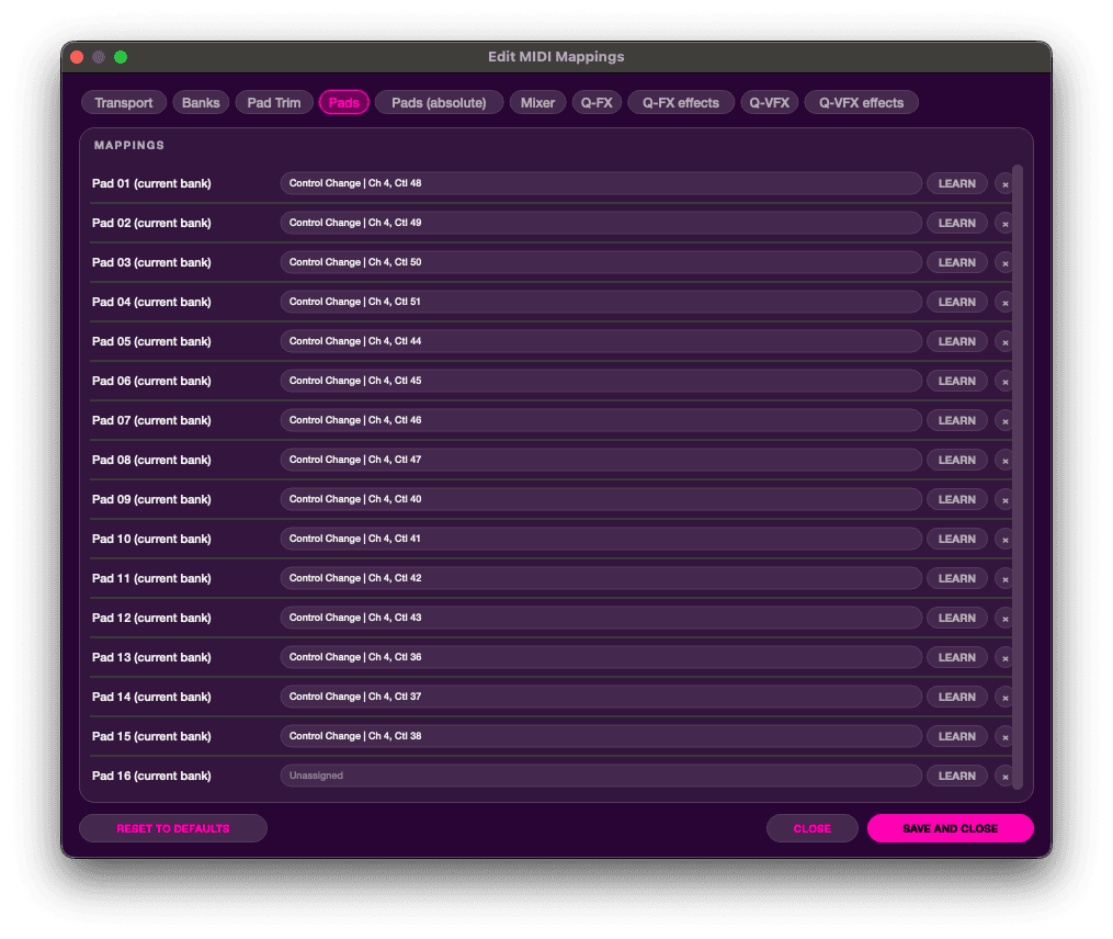 The Edit MIDI Mappings sheet with tabs for transport, banks, pad trim, pads, pads absolute, mixer, Q-FX and Q-VFX, showing pad 1 to 16 bound to control changes with LEARN buttons