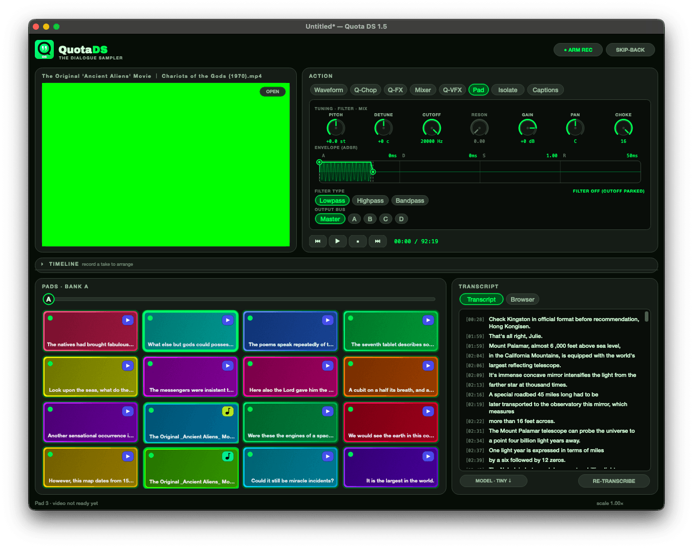 The Pad tab showing pitch, detune, cutoff, resonance, gain, pan and choke, the ADSR envelope editor, filter type and output bus, with the pad grid below