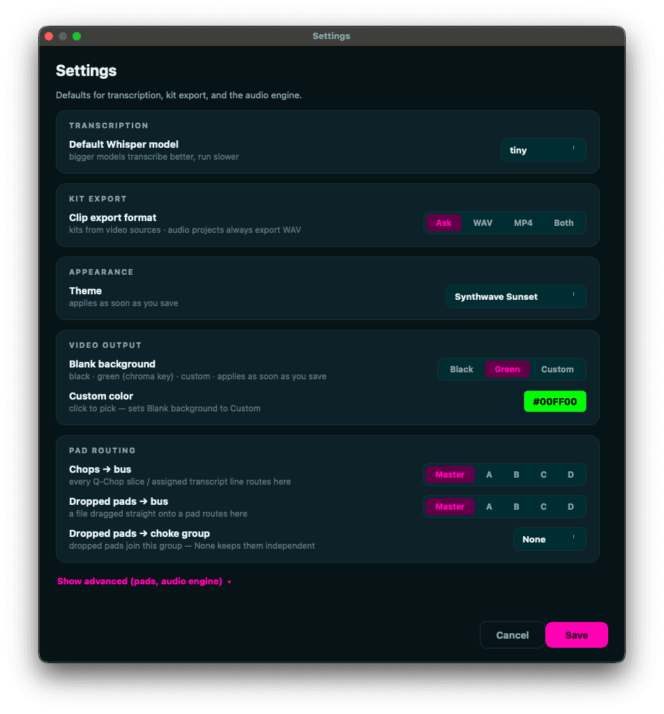 Quota DS Settings with Video output set to a green blank background, labelled black, green for chroma key, or a custom colour