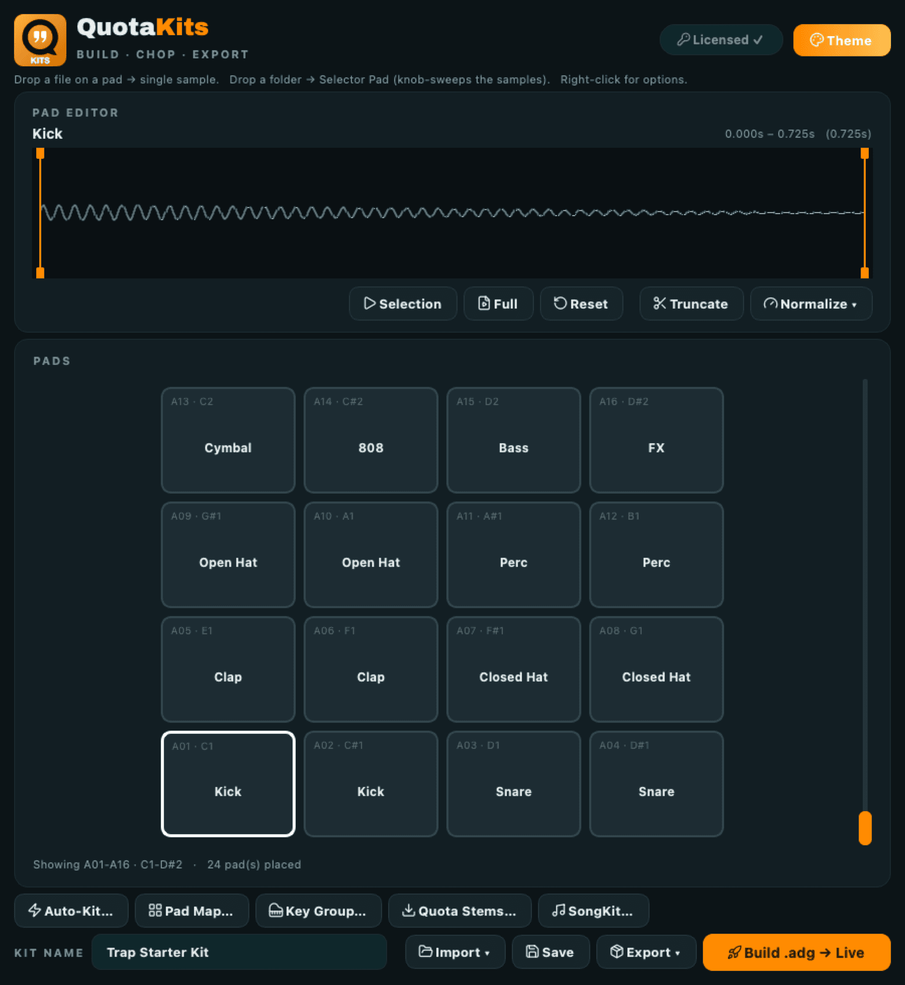 The Quota Kits workspace: the Pad Editor with a kick waveform and its trim handles on top, the note-named pad grid with 24 pads placed below, and the build row along the bottom