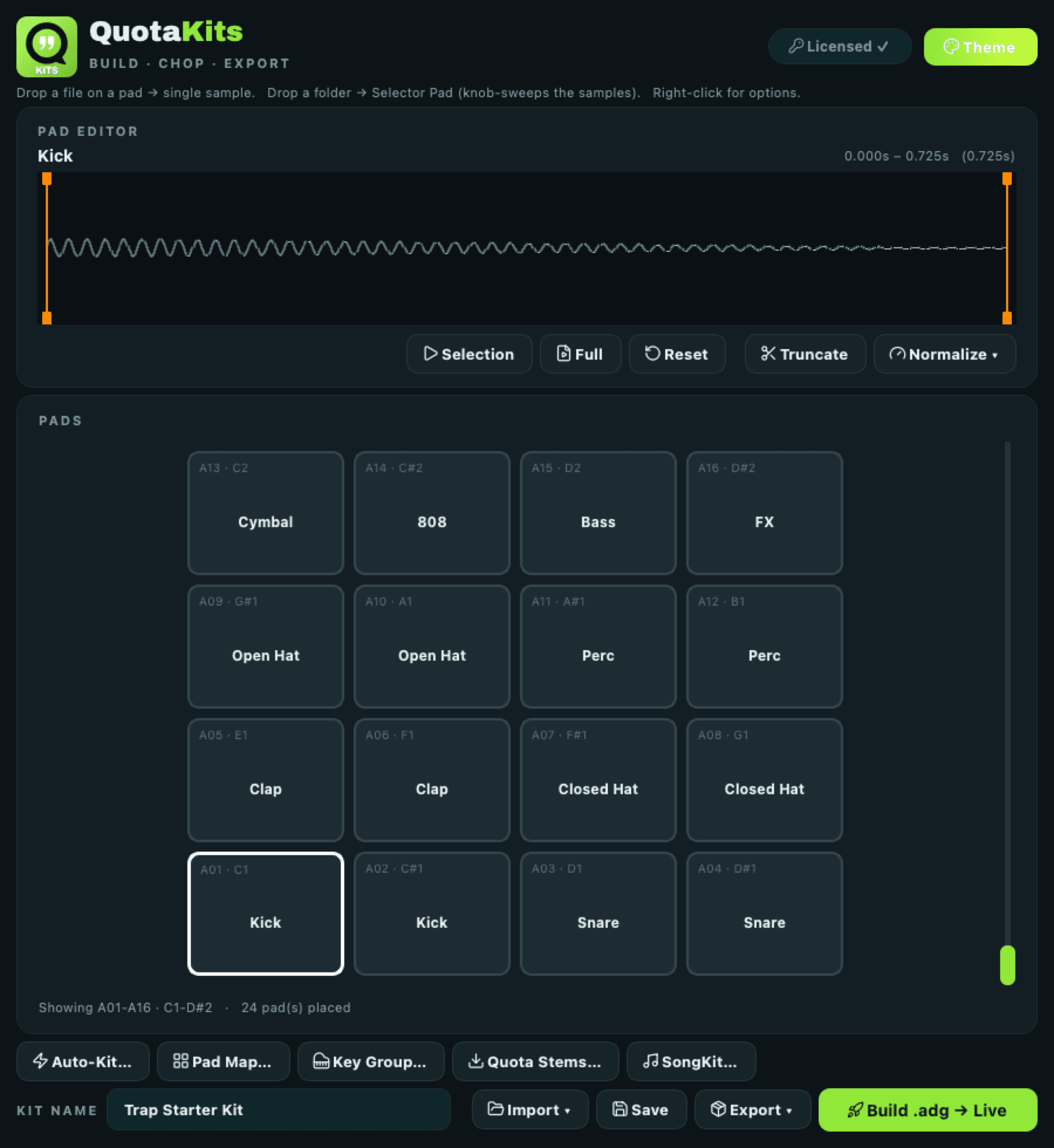 The Quota Kits workspace in the Acid theme