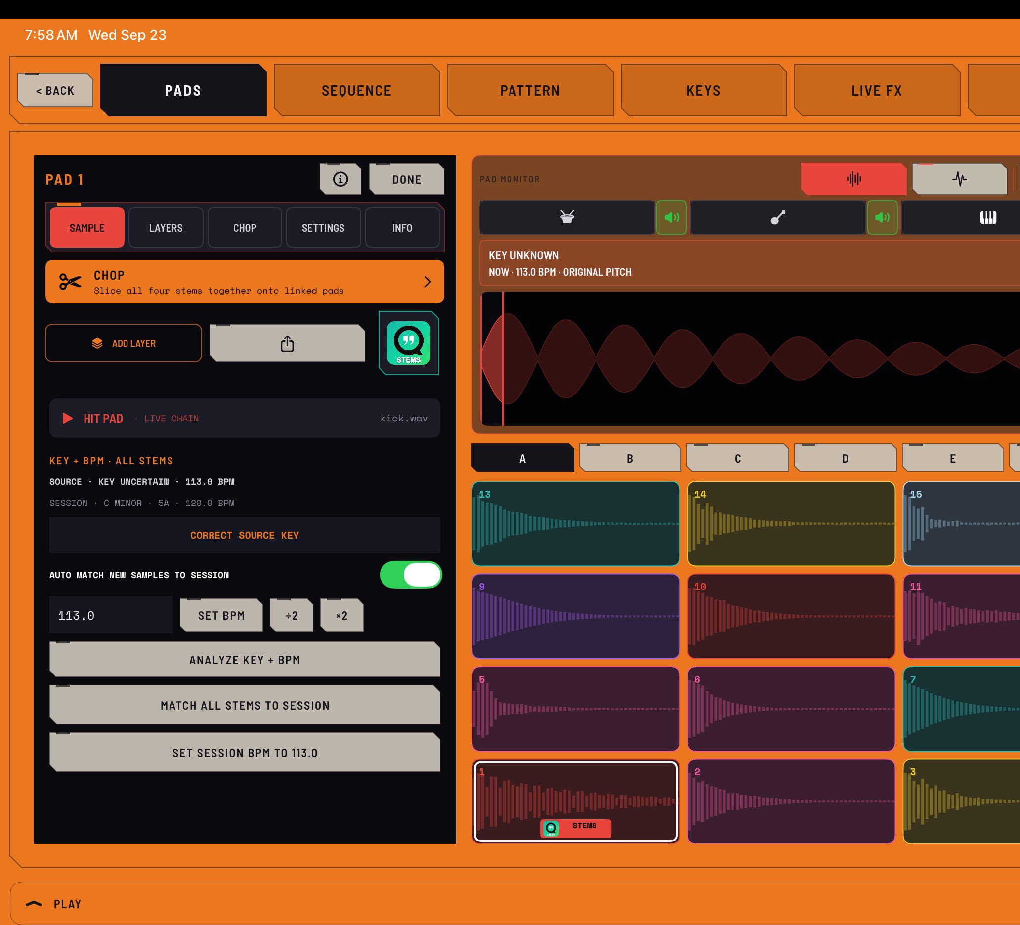 CHOMP in COMPA 1.3, with source BPM/key information, Session matching and a stemmed sample on a playable pad.