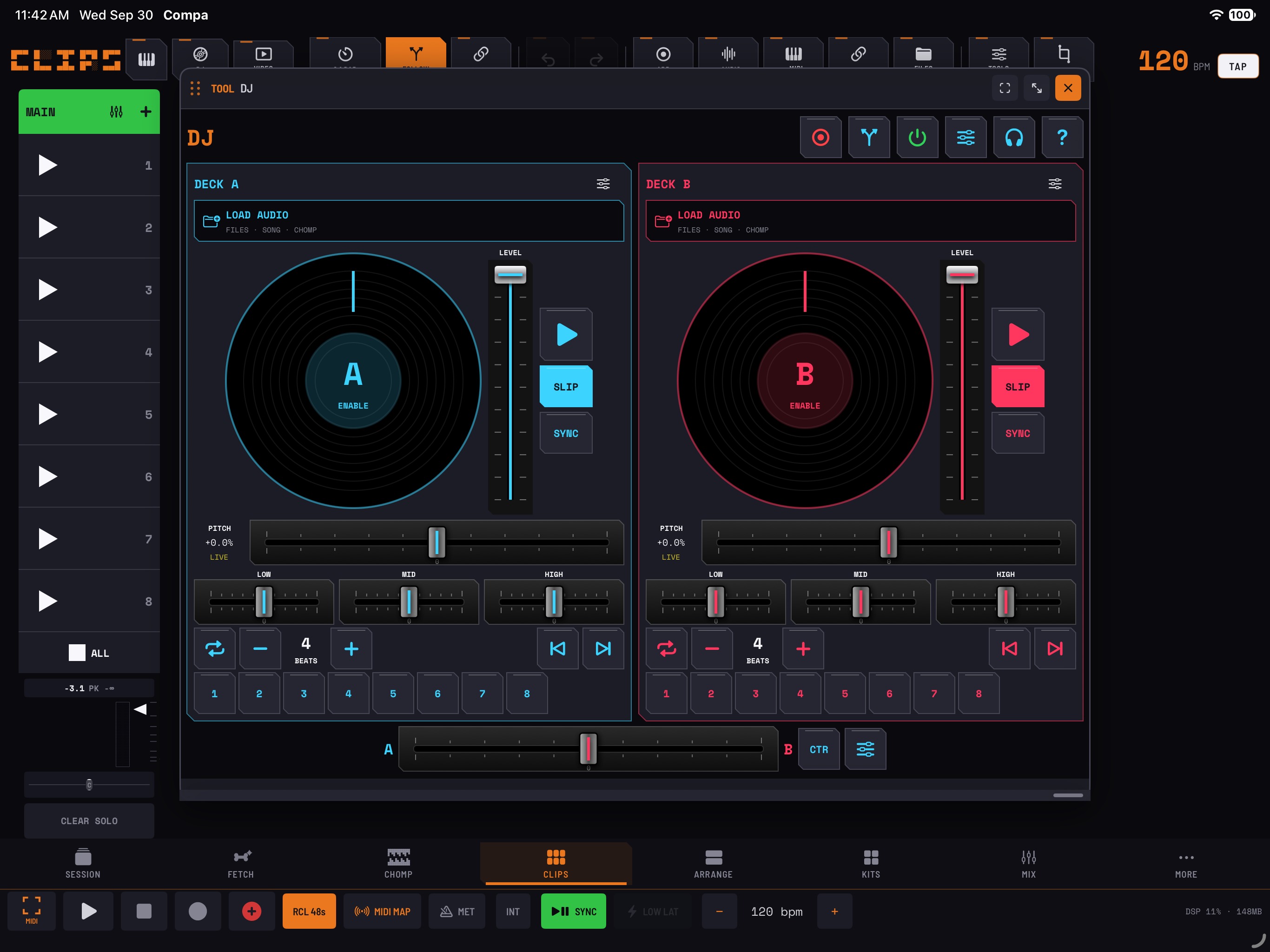 The A/B DJ workspace in a development build, with separate channel levels, EQ, loop controls, eight cue slots per deck and a centered crossfader.