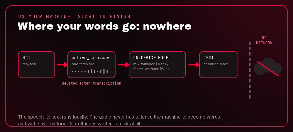 How dictation works: your mic feeds a single temporary WAV, the on-device model transcribes it, then the WAV is deleted and the text is pasted — with a hard wall marked NO NETWORK between your machine and the internet