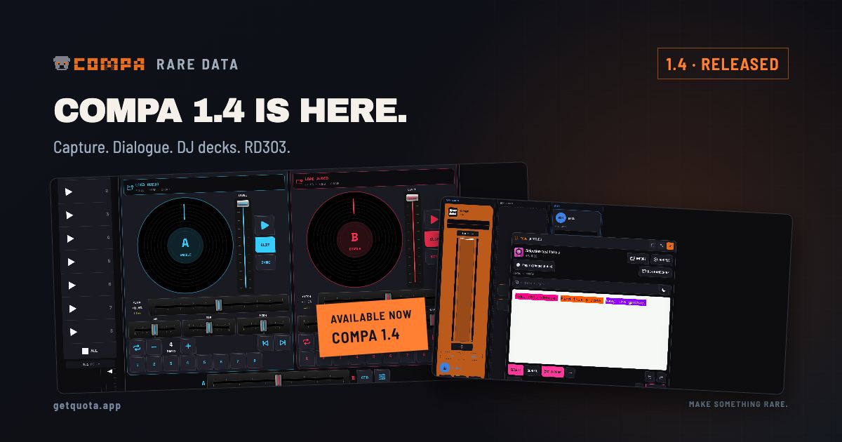 COMPA’s real DJ and dialogue workspaces with a prominent 1.4 Available Now label.