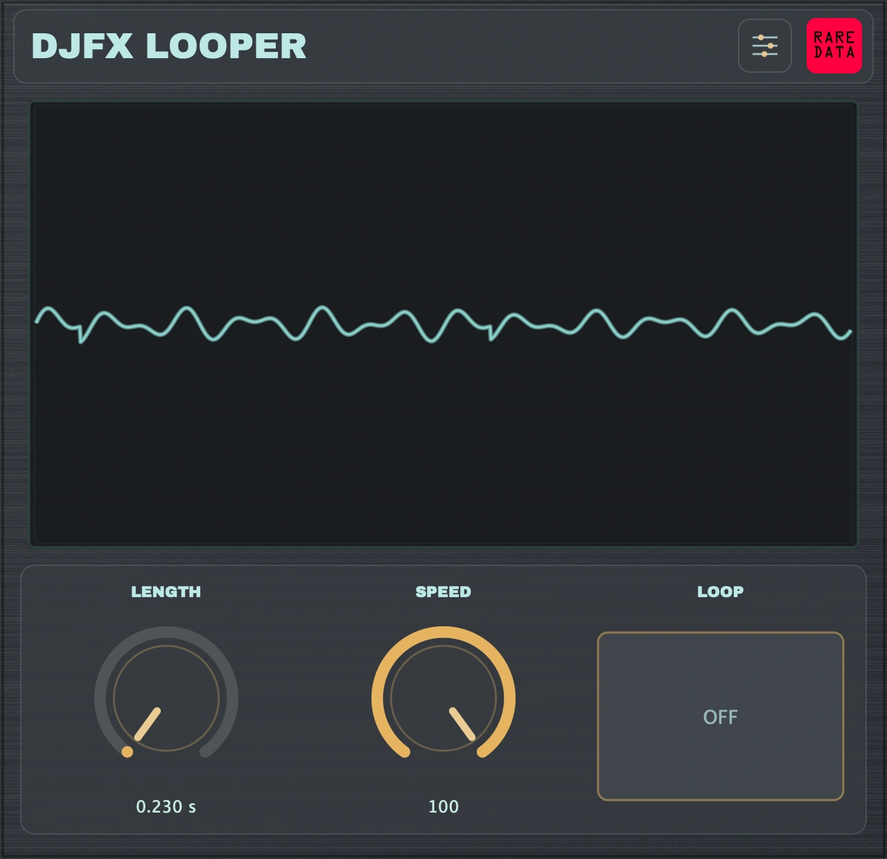 Actual DJFX Looper interface with waveform scope, Length, Speed and Loop