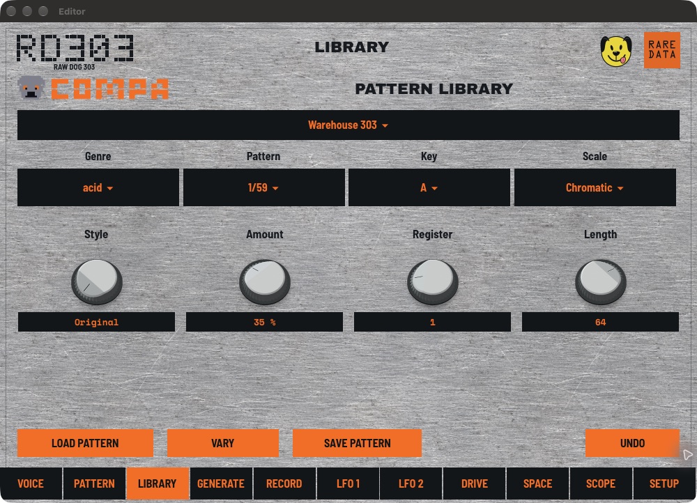 RD303 COMPA Pattern Library in the macOS VST3 interface
