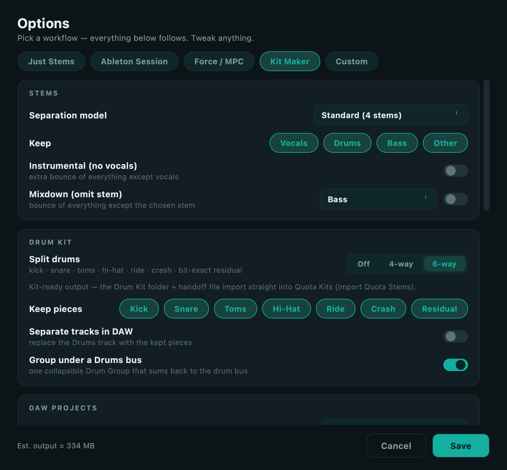 Quota Stems Options exposes the drum-splitting controls and output choices.